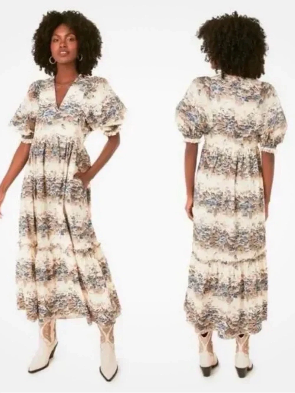 Hunter Bell Palmer Misty Morning Maxi Dress Puff Sleeve Pockets Cottage XS